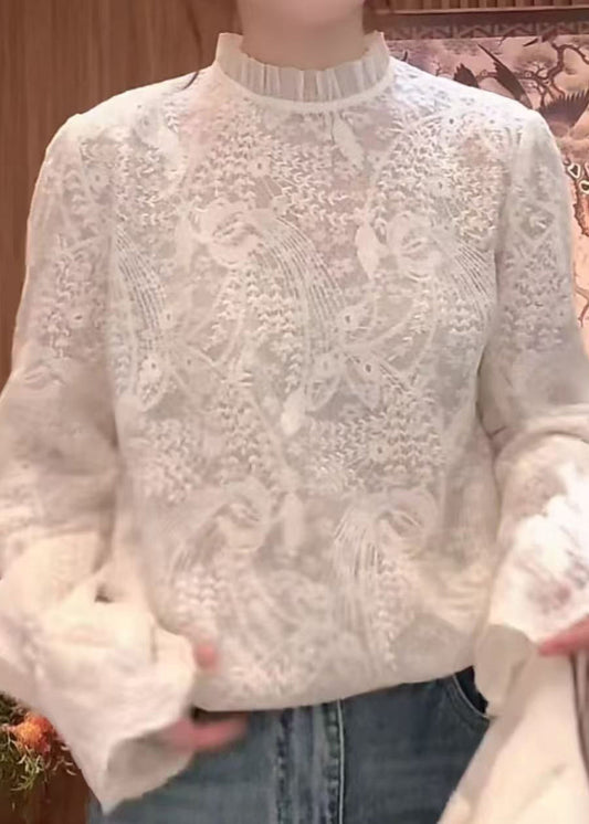 Flare White Fine Sleeve Embroidered Collar Shirts Stand Lace