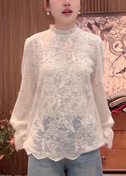 Flare White Fine Sleeve Embroidered Collar Shirts Stand Lace