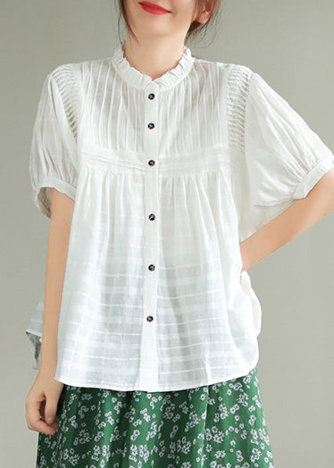 Stand Summer Wrinkled Fine Blouse Cotton Top White Collar
