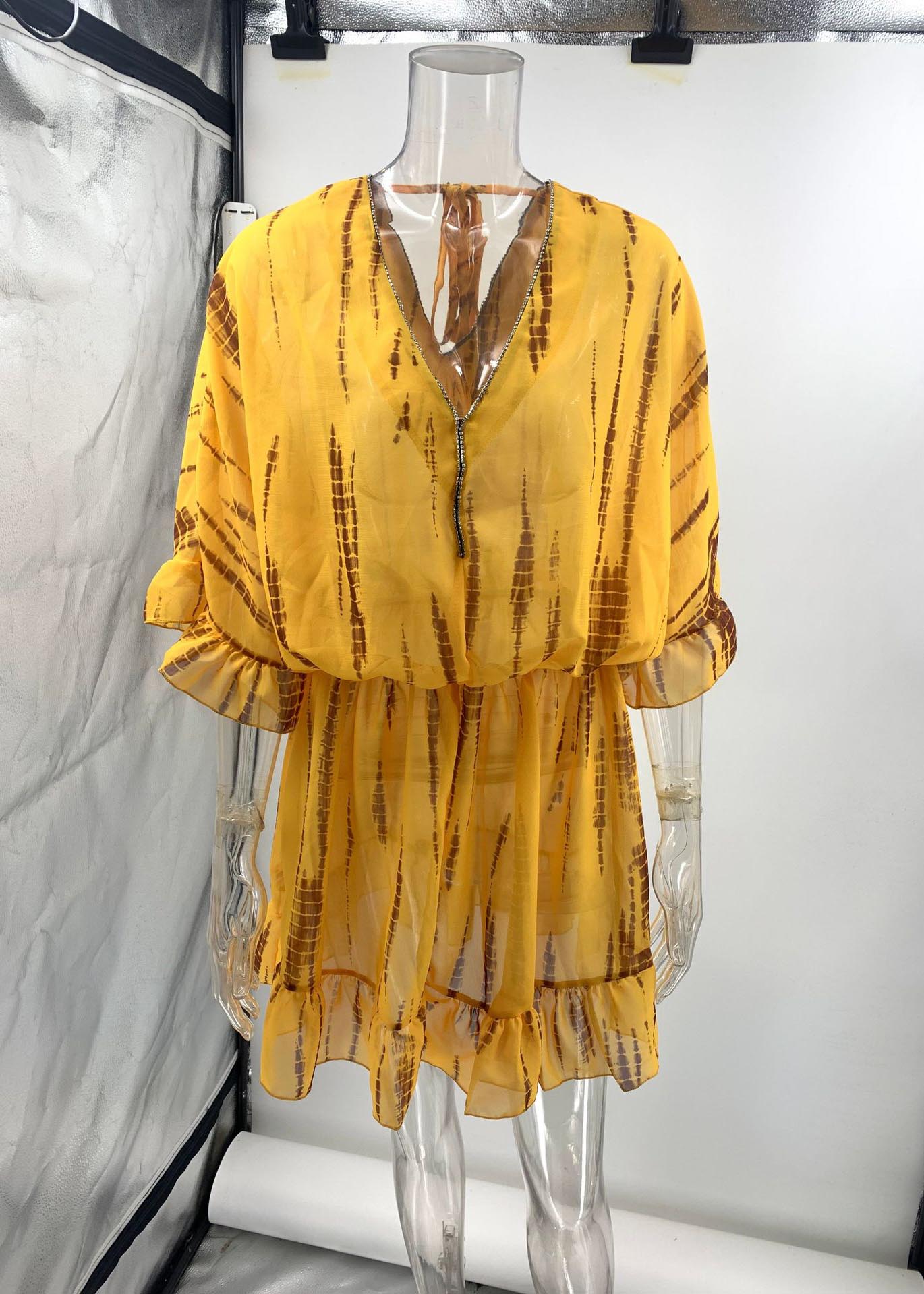 Beach Dress Chiffon Sleeve Batwing Zircon Fine Print Yellow