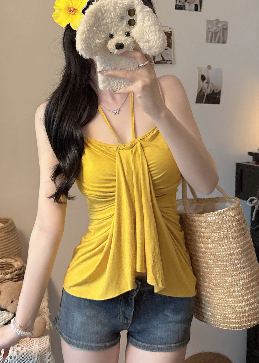 Silm Halter Fit Yellow Summer Cotton Tops Fine