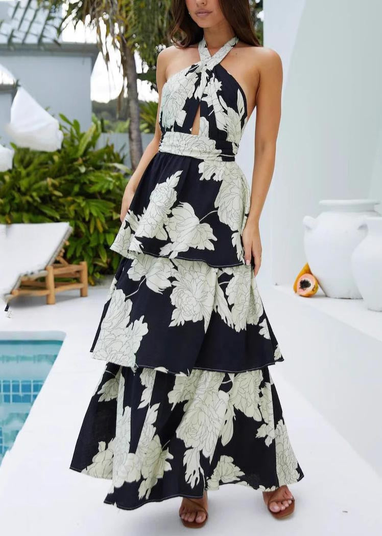 Dresses Backless Black Fitted Vacation Print Summer