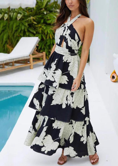 Dresses Backless Black Fitted Vacation Print Summer