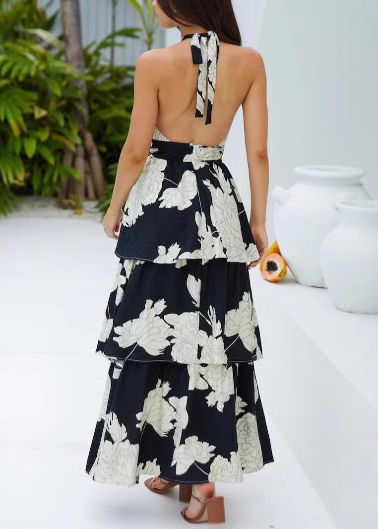 Dresses Backless Black Fitted Vacation Print Summer