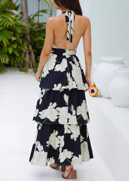 Dresses Backless Black Fitted Vacation Print Summer