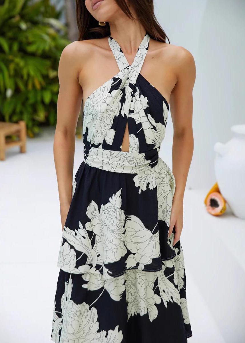 Dresses Backless Black Fitted Vacation Print Summer