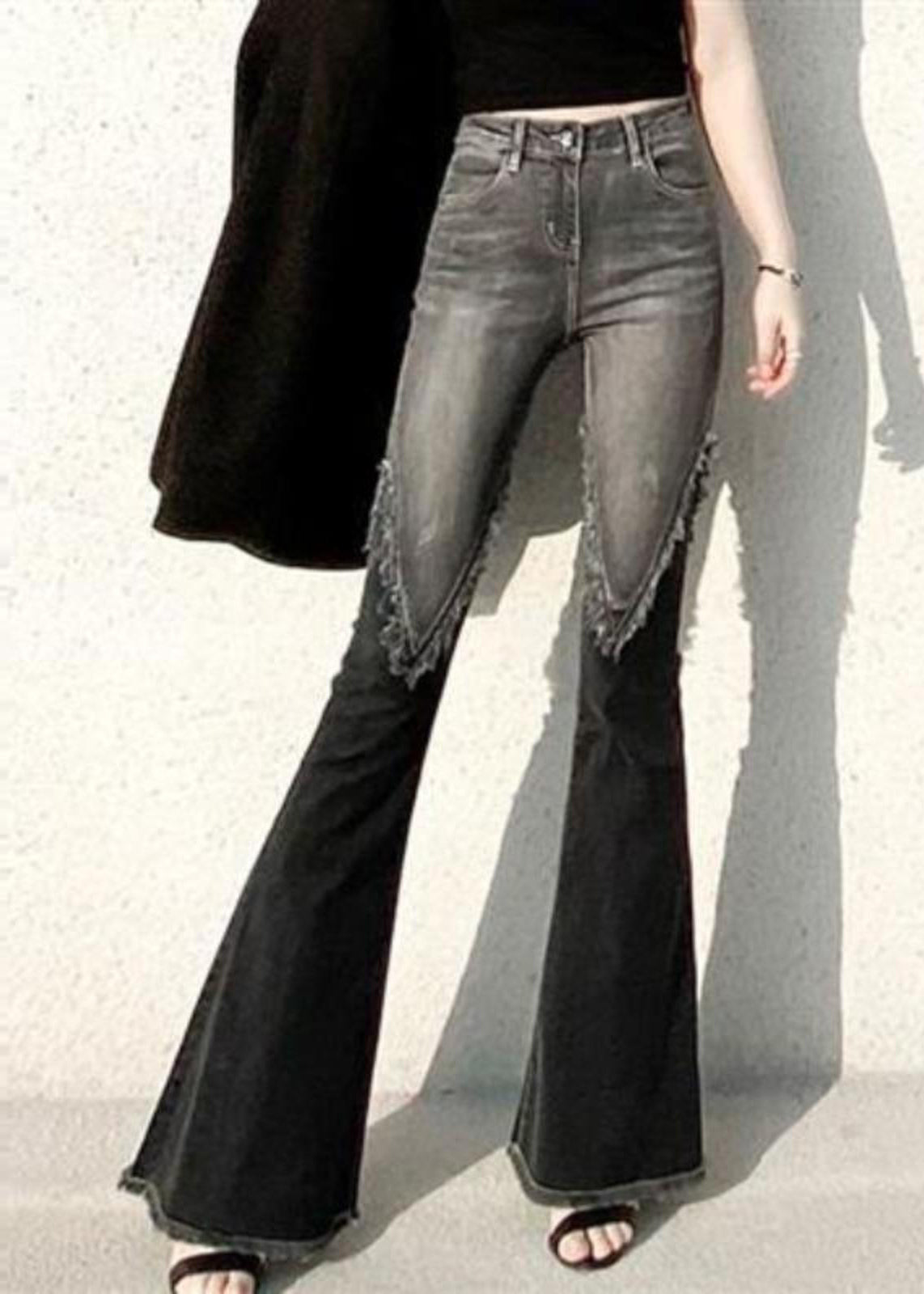 Fitted Black Tasseled Patchwork Denim Flare Bottom Spring YF033