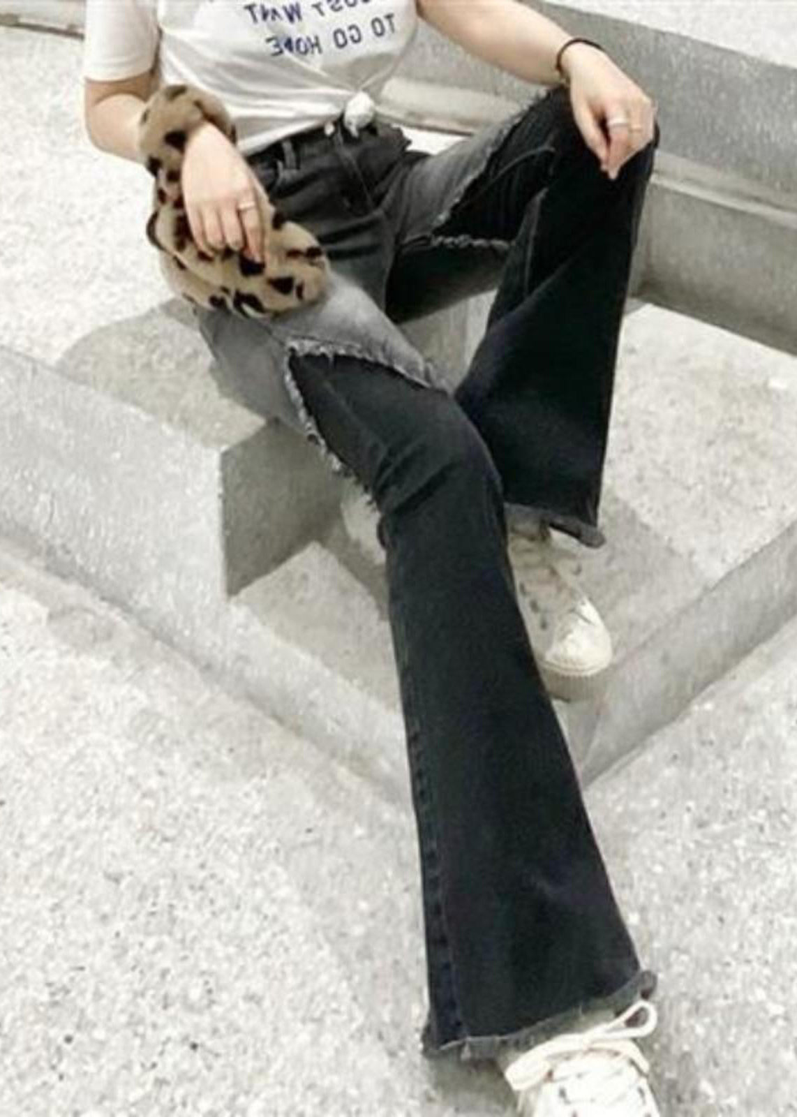 Fitted Black Tasseled Patchwork Denim Flare Bottom Spring YF033