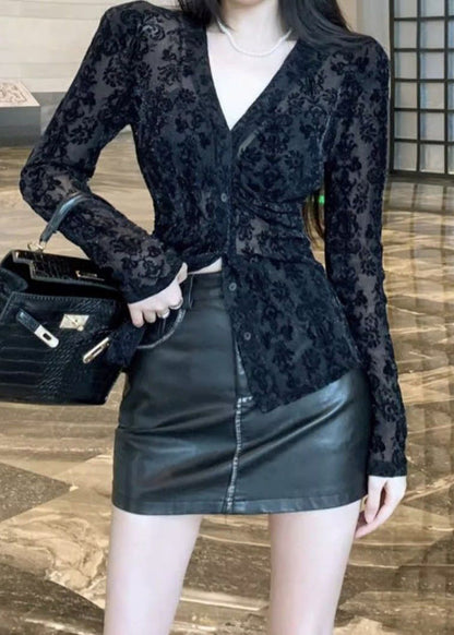 Flocking Top Fitted Spring V Neck Black Lace