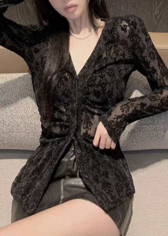 Flocking Top Fitted Spring V Neck Black Lace