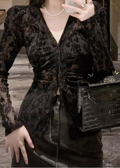 Flocking Top Fitted Spring V Neck Black Lace
