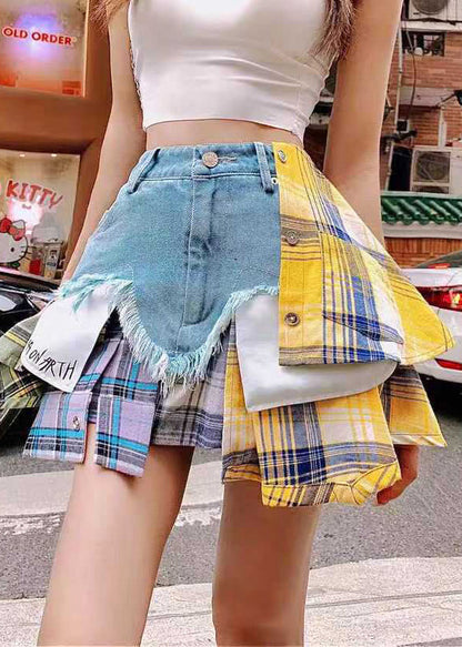 Blue Denim Skirts Summer Patchwork Fitted Asymmetrical