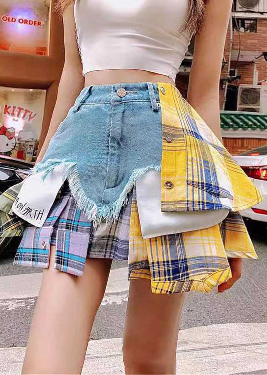 Blue Denim Skirts Summer Patchwork Fitted Asymmetrical