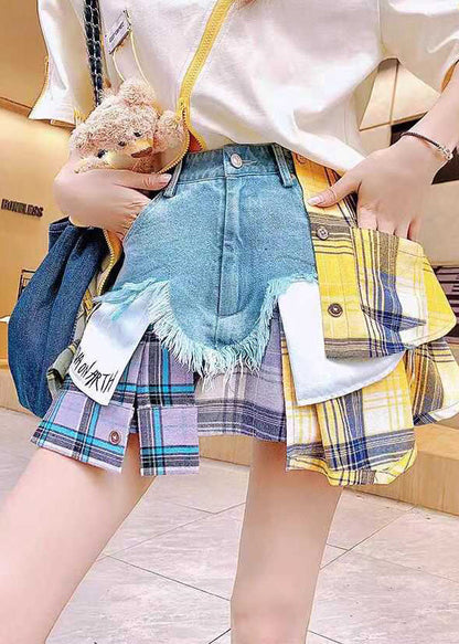 Blue Denim Skirts Summer Patchwork Fitted Asymmetrical