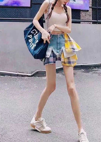 Blue Denim Skirts Summer Patchwork Fitted Asymmetrical