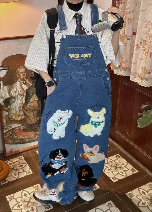 Animals Blue Jumpsuit Summer Denim Cute Oversized Fitted