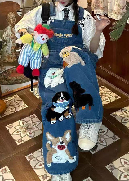 Animals Blue Jumpsuit Summer Denim Cute Oversized Fitted