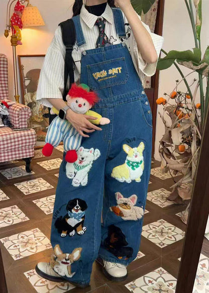 Animals Blue Jumpsuit Summer Denim Cute Oversized Fitted