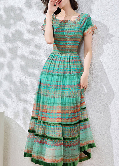 Blue Patchwork Dresses Cotton Summer Fitted Ruffled Print