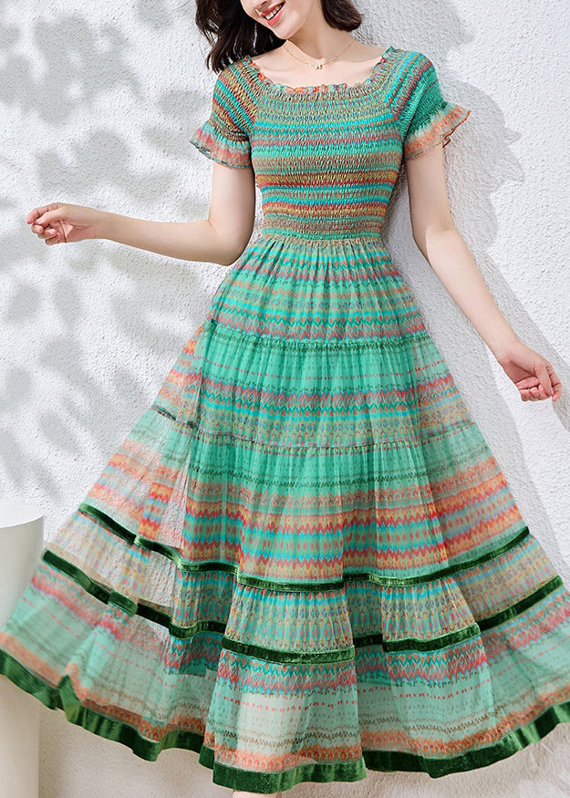 Blue Patchwork Dresses Cotton Summer Fitted Ruffled Print