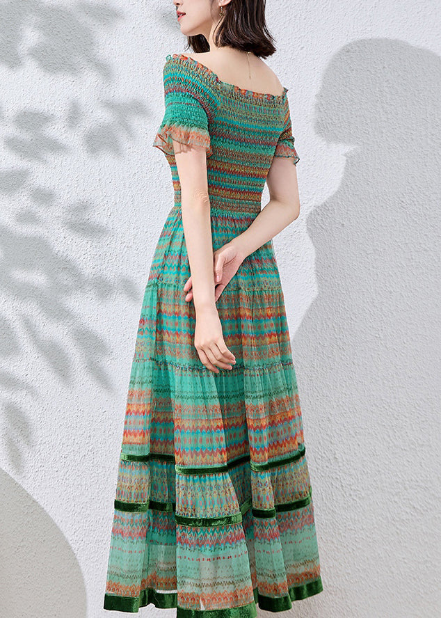 Blue Patchwork Dresses Cotton Summer Fitted Ruffled Print