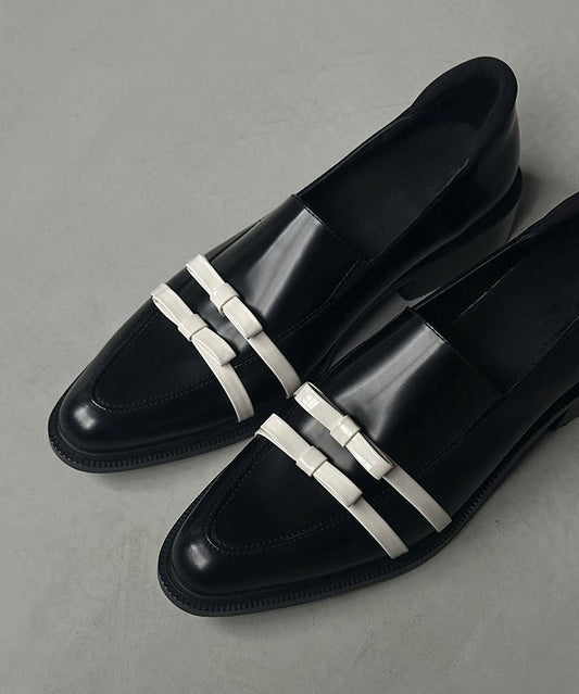 Splicing Toe Pointed Fitted Bow Leather Chunky Black Cowhide