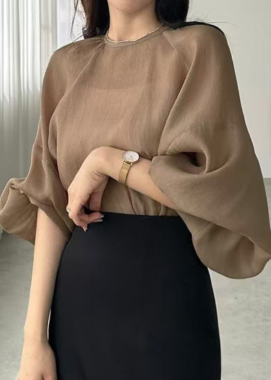 Fall Fitted Oversized UPF Brown 50+Shirts Chiffon