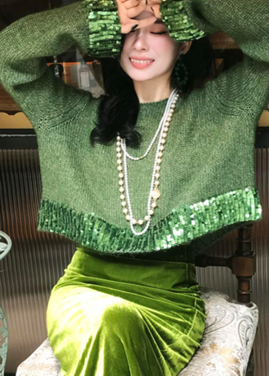 Fitted Green Knit Sweaters And Velour Skirts Two Piece Suit Set Fall WP035