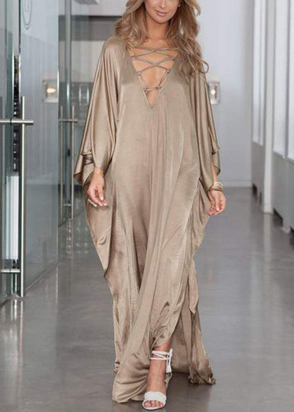Dress Silk Open Holiday Khaki Oversized Fitted Side Batwing