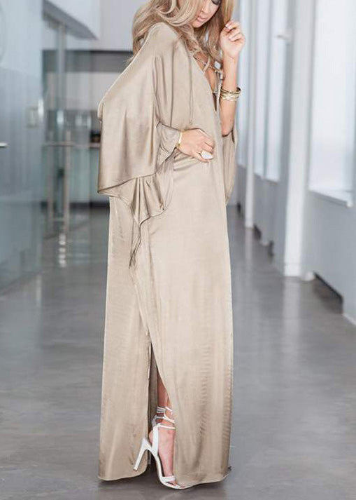 Dress Silk Open Holiday Khaki Oversized Fitted Side Batwing