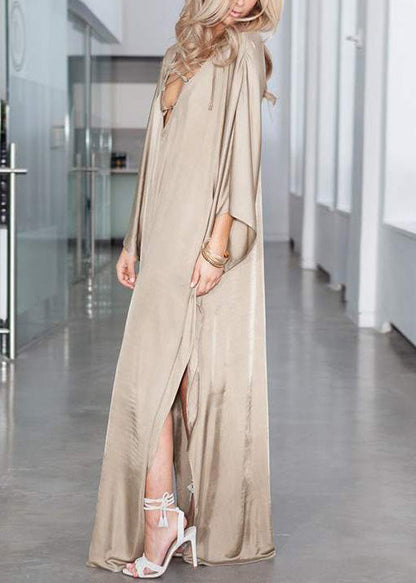 Dress Silk Open Holiday Khaki Oversized Fitted Side Batwing