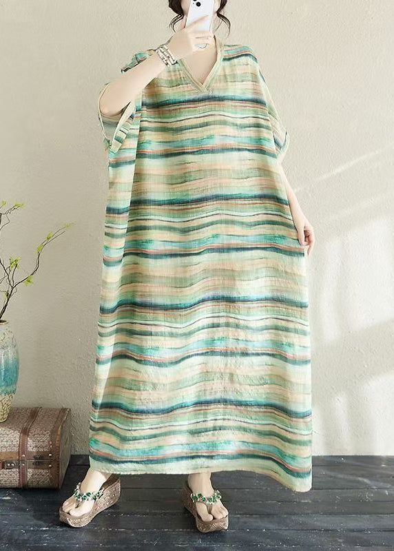 Light Dresses Summer Striped Robe Fitted Green Cotton Oversized