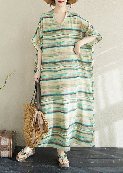 Light Dresses Summer Striped Robe Fitted Green Cotton Oversized
