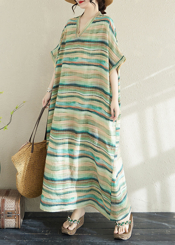 Light Dresses Summer Striped Robe Fitted Green Cotton Oversized