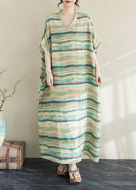 Light Dresses Summer Striped Robe Fitted Green Cotton Oversized