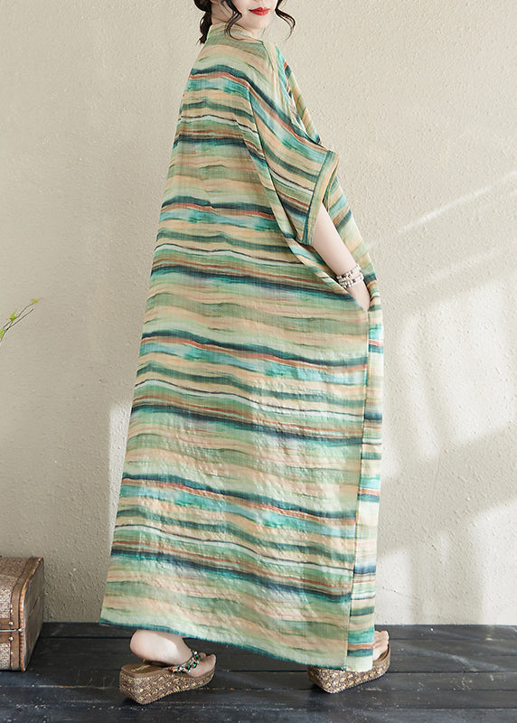 Light Dresses Summer Striped Robe Fitted Green Cotton Oversized