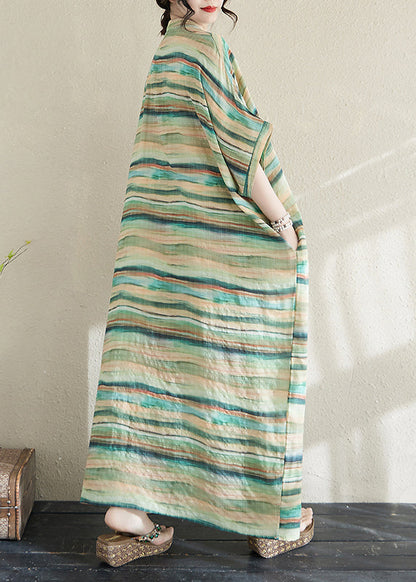 Light Dresses Summer Striped Robe Fitted Green Cotton Oversized