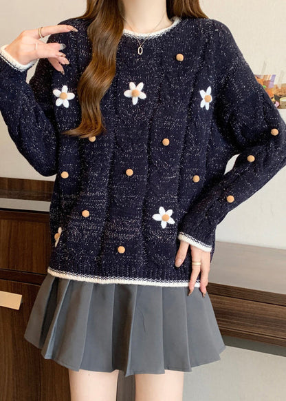 Fitted Navy O-Neck Embroidered Knit Short Sweater Winter RG022