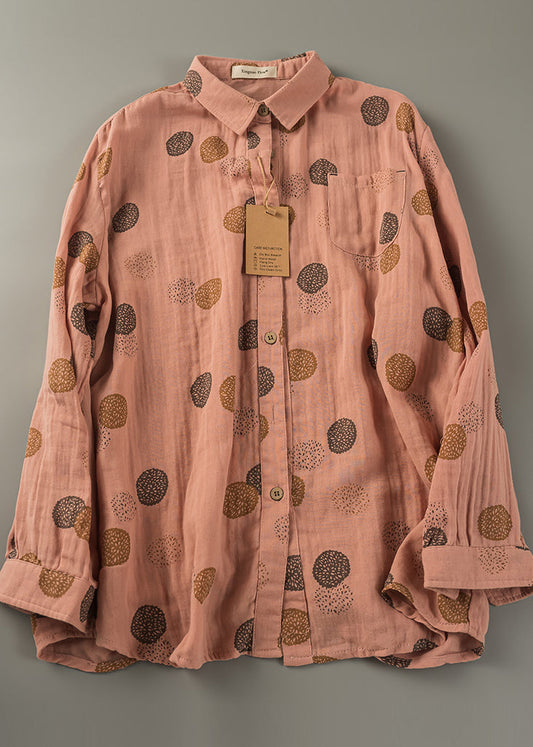 Tops Oversized Spring Orange Cotton Print Shirt Fitted
