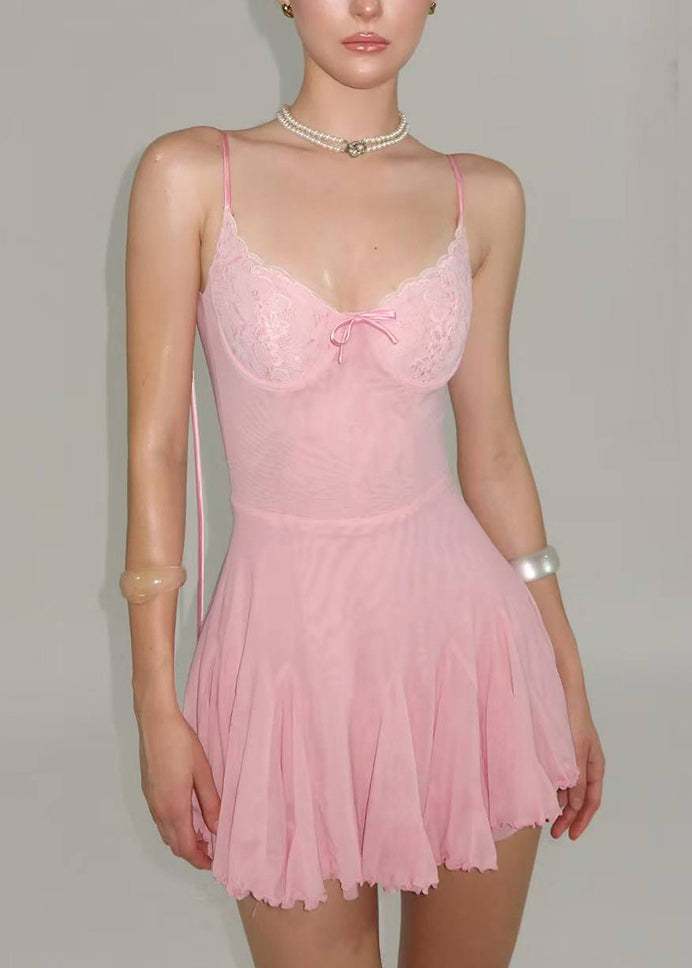 Backless Fitted Mini Lace Patchwork Summer Up Dresses Pink Tulle