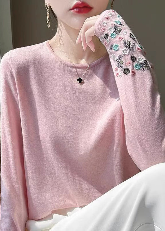 Pink Woolen Embroidered Fitted Spring Thin Sweaters