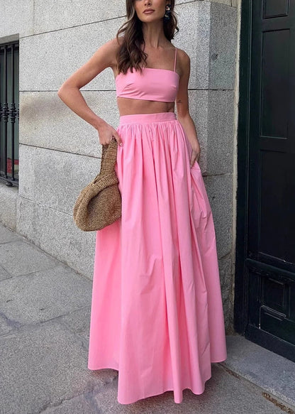 Cotton Pink Tops Fit Sets Skirts And Silm Fitted Women Strapless