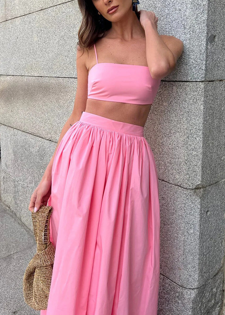 Cotton Pink Tops Fit Sets Skirts And Silm Fitted Women Strapless