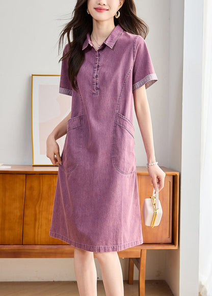 Pan Denim Peter Fitted Pockets Summer Purple Day Dress Collar
