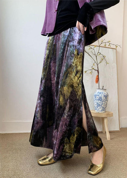 Fitted Purple Tie Dye Side Open Silk Velvet Skirts Spring YK002