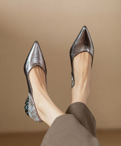 Pointed Silver Toe Heel Faux Chunky Brown Splicing Fitted Leather