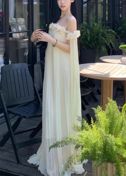 Neck Dresses Summer Maxi Solid Chiffon Floral Beige Slash