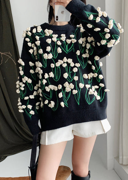 Floral Black O Neck Cozy Cotton Knit Sweater Winter WY007