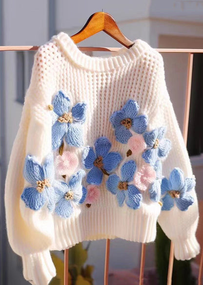 Floral Blau O Neck Aushöhlen Gemütliche Strick Pullover Herbst QG018