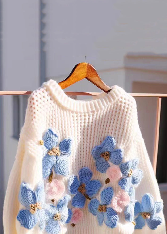 Floral Blau O Neck Aushöhlen Gemütliche Strick Pullover Herbst QG018